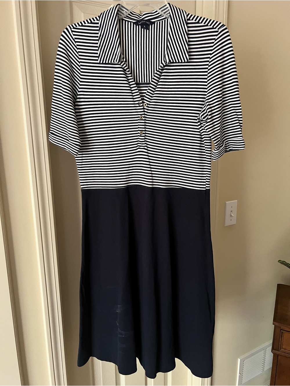 Lands' End Navy and White Striped Polo Dress
